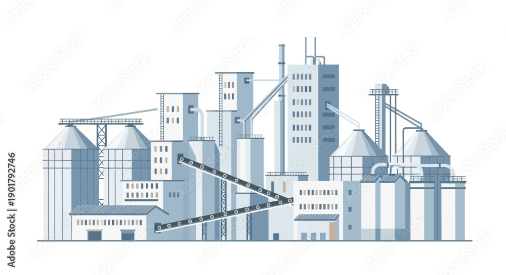 Obraz premium Modern industrial complex illustration featuring tall silos, interconnected factory buildings, and conveyor systems, depicting a large-scale manufacturing or processing plant