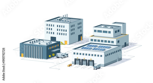 A modern industrial park illustration showcasing multiple factories, warehouses, and logistic hubs connected by a network, emphasizing efficient supply chain management and manufacturing operations