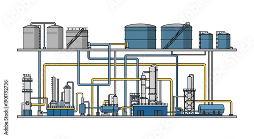 Industrial refinery or chemical plant complex with interconnected tanks, pipelines, and processing units for energy production and material transformation