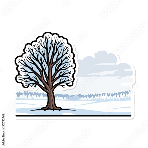 A tree with bare branches in a snowy field