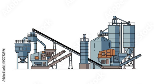 Detailed illustration of a modern industrial complex, featuring heavy machinery, towering silos, and interconnected conveyor systems vital for material processing and manufacturing