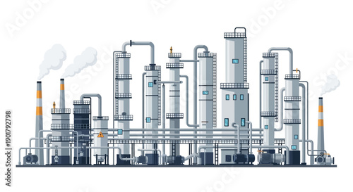 Industrial complex illustration showing a chemical processing plant with towers, pipes, and active smokestacks, representing modern manufacturing and energy production