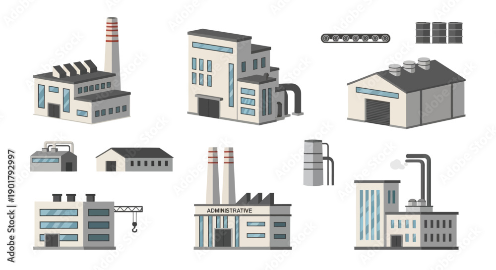 Obraz premium A diverse collection of modern industrial factory buildings and manufacturing plants, depicted in a flat design style, illustrating various production facilities and urban infrastructure