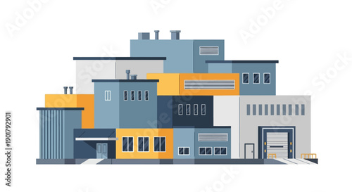 Vibrant vector illustration showcasing a contemporary industrial complex, featuring multiple interconnected factory buildings with varied architectural designs and a clean, minimalist aesthetic