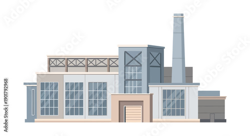 Modern flat vector illustration of an industrial factory building with a tall smokestack and large windows, symbolizing manufacturing, production, and industrial development