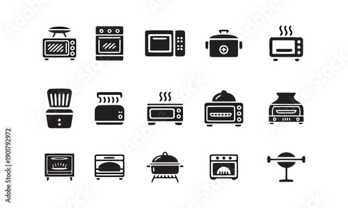 Group of 15 black flat icons representing kitchen appliances like ovens, microwaves, and toasters for cooking and food preparation.