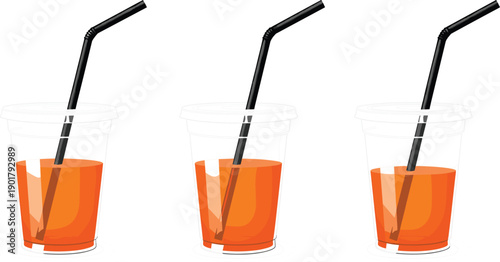 Set of three takeaway plastic cups with orange juice and black straws isolated on grey background for summer refreshment concepts