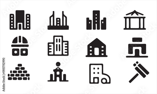 Group of building and architecture icons including houses skyscrapers construction sites and public buildings for city planning and real estate concepts vector art