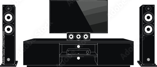 Modern home theater system vector illustration, black entertainment center with flat screen television, floor standing speakers, and media console isolated on white background