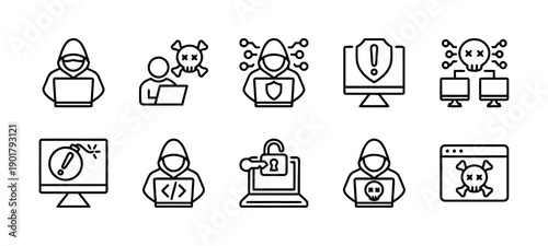 Hacker icons set with laptops, code, danger symbols, and network attacks, cybercrime and threat concepts