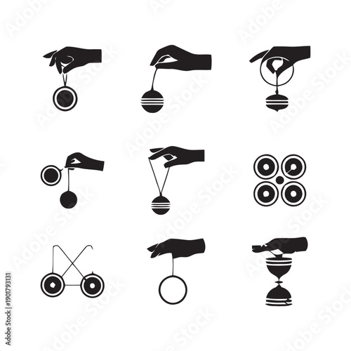 Hand and toy icons showing different ways to play with yo-yo and spinning top toys illustrating movement and skill demonstration for entertainment and game themes