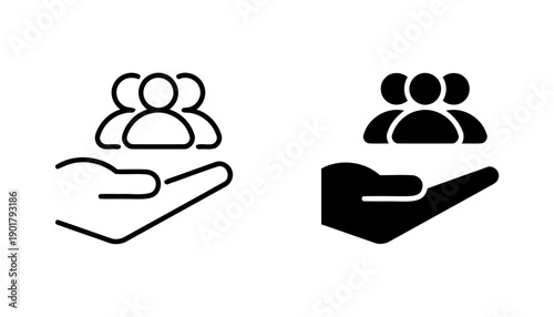 Hand holding group of people icons outline and filled, representing community support, teamwork, and human resources management concept