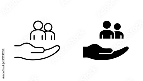 Hand holding people outline and solid black icons symbolizing care support community assistance and group protection concept element