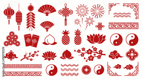 Red Chinese cultural icons grid, lanterns, fans, firecrackers, blossoms, lotus, envelopes, fruits, yin-yang, ornate festive motifs symbolizing prosperity and heritage.