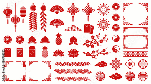 Red Chinese cultural icons grid, lanterns, fans, firecrackers, blossoms, lotus, envelopes, fruits, yin-yang, ornate festive motifs symbolizing prosperity and heritage.