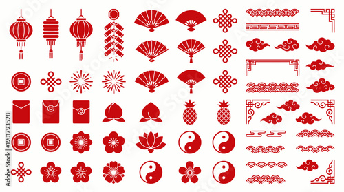 Red Chinese cultural icons grid, lanterns, fans, firecrackers, blossoms, lotus, envelopes, fruits, yin-yang, ornate festive motifs symbolizing prosperity and heritage.