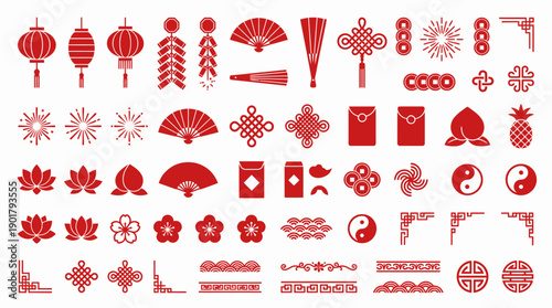 Red Chinese cultural icons grid, lanterns, fans, firecrackers, blossoms, lotus, envelopes, fruits, yin-yang, ornate festive motifs symbolizing prosperity and heritage.