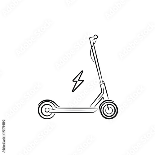 Scooter electric kick icon with lightning bolt symbol, minimal black line art outline on white background, modern urban micromobility transport graphic