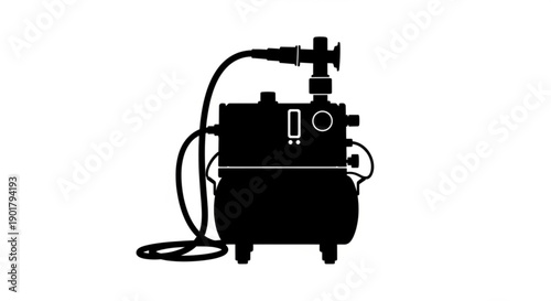 A vacuum pump is depicted in a simple illustration, showcasing its functionality and design in an isolated environment from a front viewpoint.