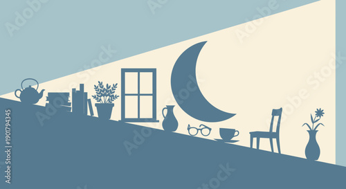 Ramadan Night Window and Crescent Moon Illustration Representing Peace, Reflection, and Spiritual Solitude. This professional illustration shows a calm interior scene with an open window, crescent moo
