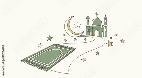 Ramadan Prayer Mat and Mosque Landscape Illustration Representing Worship, Devotion, and Spiritual Journey. This professional illustration shows a prayer mat placed in front of a mosque landscape unde