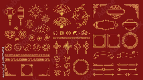 Golden Chinese decorative motifs on red background, lanterns, fans, knots, coins, floral frames, festive prosperity symbols, elegant New Year celebration elements.