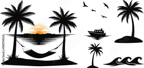 Summer beach silhouette set. Tropical palm tree, hammock, sunset, boat, and ocean waves vector icons. Travel and vacation isolated design elements.