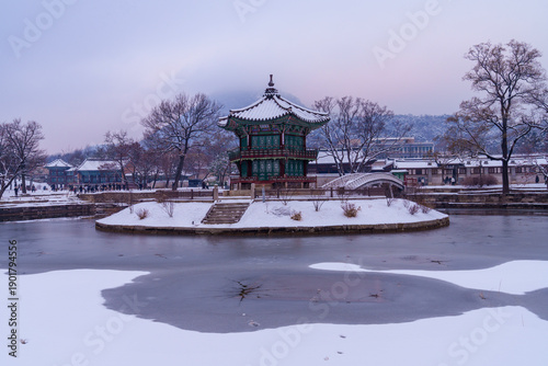 Wallpaper Mural Snow during winter. Pavilion.  Palace, Is one of the most popular tourist attractions in South Korea. Torontodigital.ca