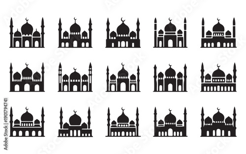 Illustrations of Islamic mosque buildings with minarets domes and intricate architectural details representing religious sites places of worship and 