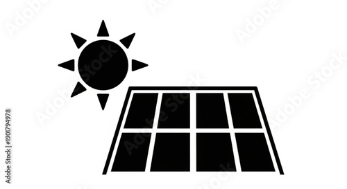 Solar panels on a rooftop harnessing energy from the sun's rays in a simple illustration
