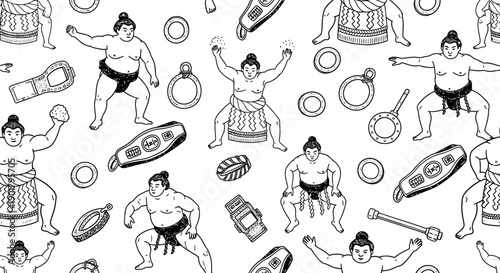 Dynamic Sumo Wrestlers Action Pattern Illustration for Cultural Design Projects