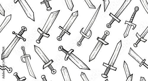 Artistic Illustration of Various Swords Design, Graphic Creation, Sketch Style, Black and White