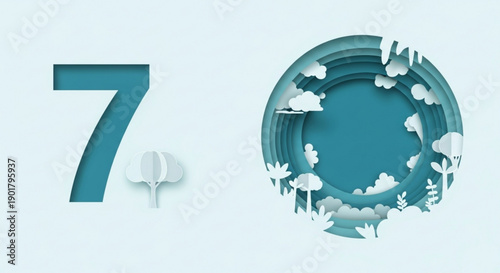 Number 7 with layered paper cut nature scene eco friendly concept clean design for environmental projects