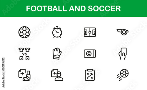 Football and Soccer Professional Line Icon Set, Modern Minimalist Vector Collection Featuring Unique Sports Elements, Equipment, and Game Symbols
