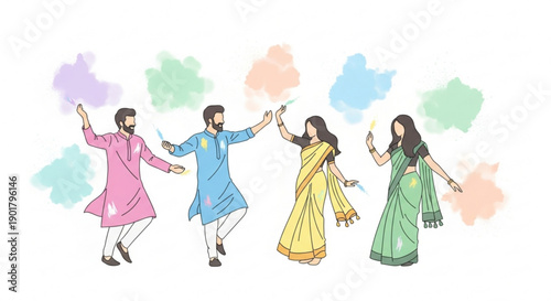 People celebrating Holi festival with colors men and women in traditional Indian clothing dancing and throwing powder vector illustratio