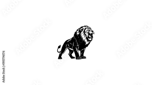 A stylized black and white illustration of a majestic lion with a detailed mane.