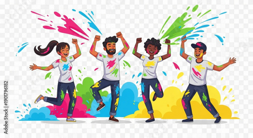 Diverse group of people celebrating Holi festival with vibrant color splashes joyful illustration for cultural events and advertising