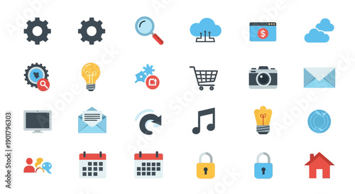 A collection of colorful flat design icons representing various technological concepts and utilities
