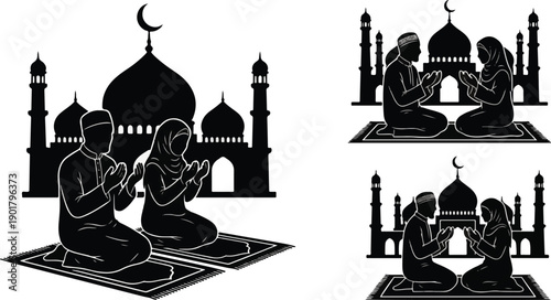  Silhouette Vector Set of Muslim Couple Praying Together on Rugs with Mosque Background 2026 - Traditional Man and Woman Making Dua Supplication for Ramadan and Eid 2026 