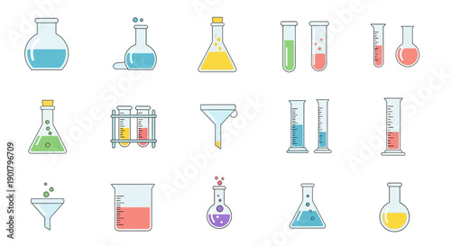 Illustrated chemical glassware and laboratory equipment in a scientific and educational context