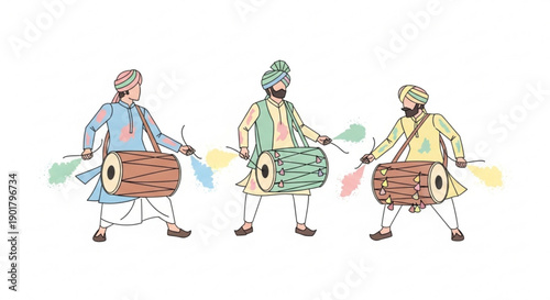 Three men in traditional Punjabi attire playing dhol drums with colorful powder illustration for cultural events and festivals