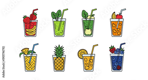 Illustrated depiction of assorted fruit juices and smoothies with a minimalist design