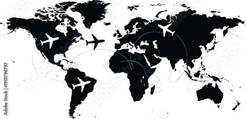 World Map Silhouette with Airplane Icons Representing Global Travel, International Flights, Aviation Routes, Tourism, and Worldwide Transportation Concepts