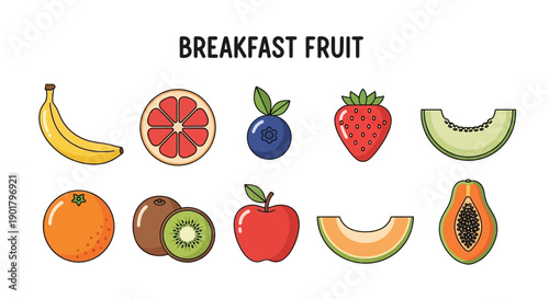 A collection of ten cartoonstyle breakfast fruits arranged in two rows