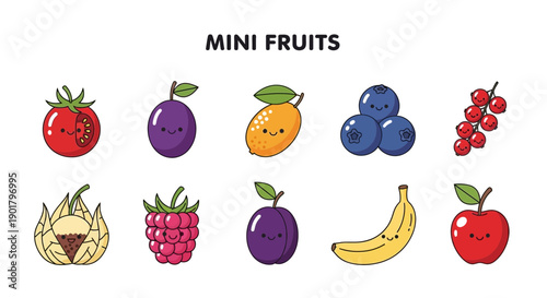 Cartoon illustration of ten different mini fruits with happy faces