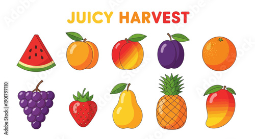 Colorful cartoon illustration of ten different fruits beneath the text JUICY HARVEST