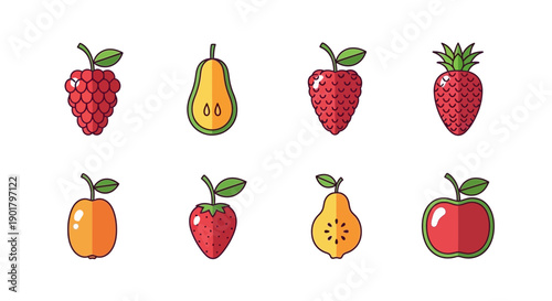 Eight colorful stylized icons of fruits arranged in two rows