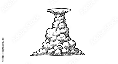 A dramatic hand-drawn illustration captures a powerful, towering smoke cloud with a distinct mushroom shape, rendered in a vintage sketch style.