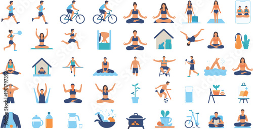 Yoga and Healthy Lifestyle Activity Illustration Set with Meditation, Exercise, Wellness, Fitness, Cycling, and Daily Self Care Routines for Modern Living
