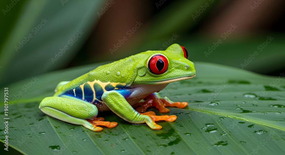 Fototapeta premium Vibrant Red Eyed Tree Frog on a Wet Leaf.